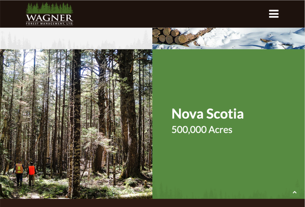 这是一张位于新罕布什尔州的瓦格纳森林管理公司的截图，显示该公司在新斯科舍省拥有50万英亩的土地，旁边是一张美丽的林地田园诗般的照片。