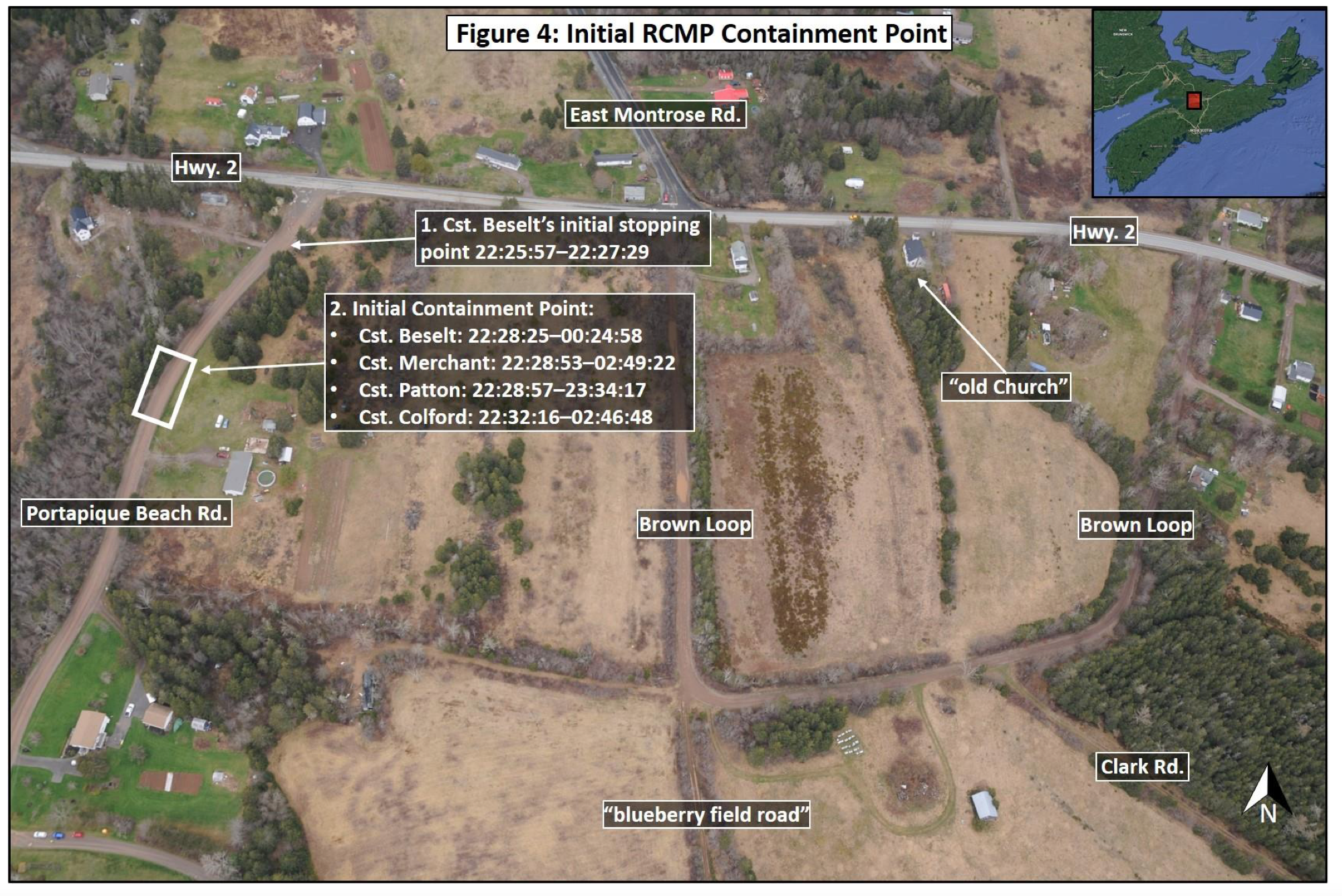An aerial view of Portapique, annotated