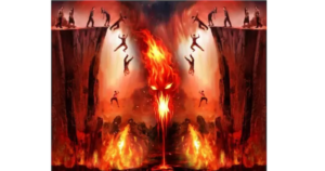 这幅画描绘了地狱的深渊，尸体掉进了火焰中。