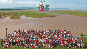 在一个阳光明媚的夏日，整个沃尔夫维尔镇在小镇的海滨摆出了姿势。将近5000人的人群。背景是米那斯盆地和布洛米顿