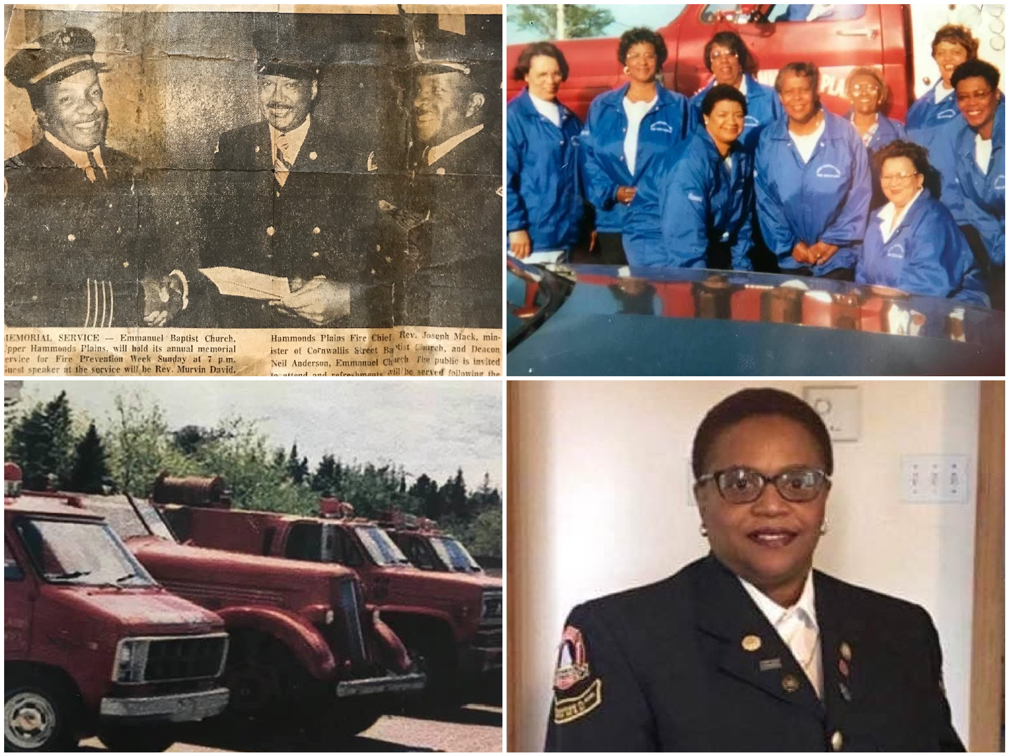 A collage of photos, including a newspaper article, a photo of vintage fire trucks, a photo of a group of women in blue jackets in front of a fire truck, and a photo of a Black woman in a fire department uniform