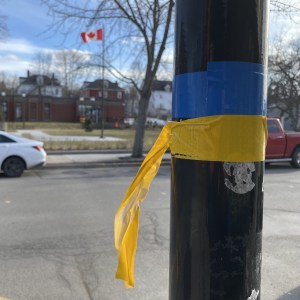 沃尔夫维尔的一根柱子上系着一条蓝黄相间的丝带，形似乌克兰国旗。背景是加拿大国旗在邮局上方飘扬
