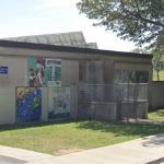 在一个阳光明媚的夏日，一座被涂鸦覆盖的低矮建筑