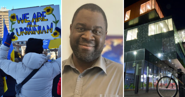 三张照片:一名妇女举着一个向日葵牌子，上面写着“我们都是乌克兰人”;一个面带微笑的黑人站在世界地图前;哈利法克斯中央图书馆的夜景
