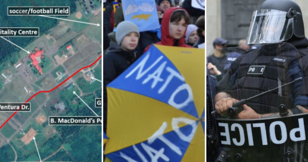 三张照片:大规模杀手路线的鸟瞰图;两名参加乌克兰抗议活动的儿童;一个全副武装的威风警察