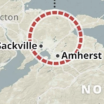 A map of Nova Scotia with the Sackville Amherst area circled in red