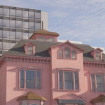 韦弗利旅馆的效果图，后面有一座巨大的现代建筑