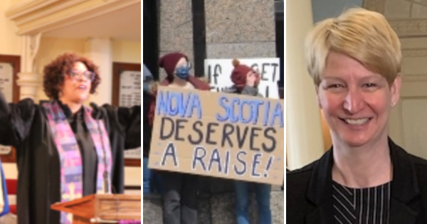 三张照片:一位黑人女牧师带领她的会众唱歌;抗议者举着要求最低生活工资的标语;一个留着金色短发的微笑的白人女人