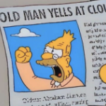 握他的拳头的一个老人的动画片在天空