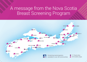 一张粉红色和蓝色的明信片，上面有新斯科舍省的地图，上面显示了乳腺检查的位置。