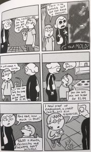 一个漫画展板展示了一个女人在查看一个破旧的公寓。然后她被要求提供5份推荐信和1600美元的租金