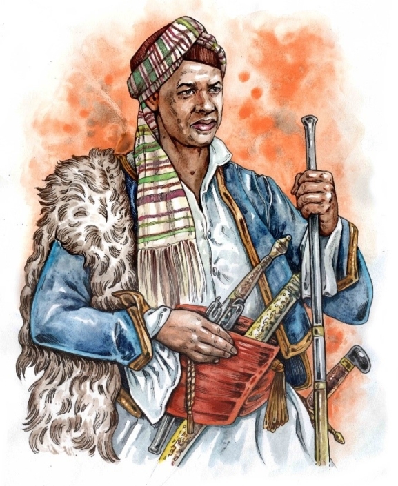 一个黑人戴着头巾，腰带上插着几把剑的彩色插图。