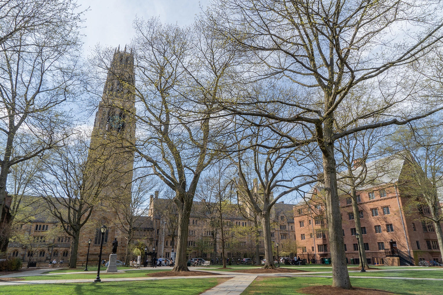 壮观的石头建筑围绕着一个有树的庭院