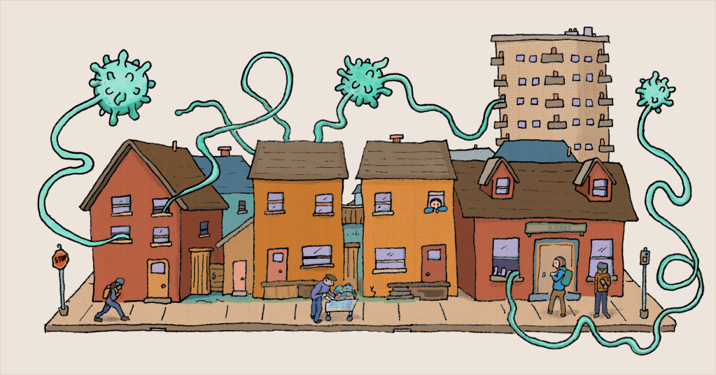 An illustration of a streetscape, with small buildings and houses, and people on the sidewalk. In the sky are giant menacing coronaviruses, with tentacles reaching into windows, and surrounding people.