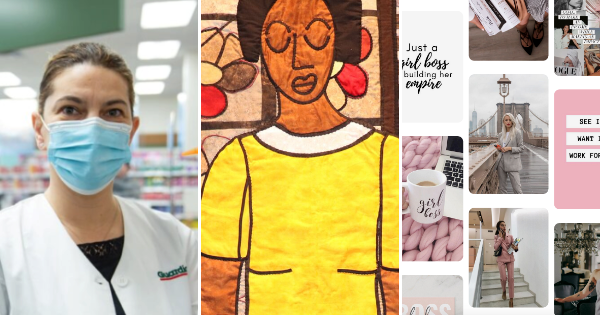 三张照片:一个白人女药剂师。颜色鲜艳的被子上有一个黑人妇女的形象。图片分享网站Pinterest上的一组拼贴图片，用来说明“女老板”这个短语。
