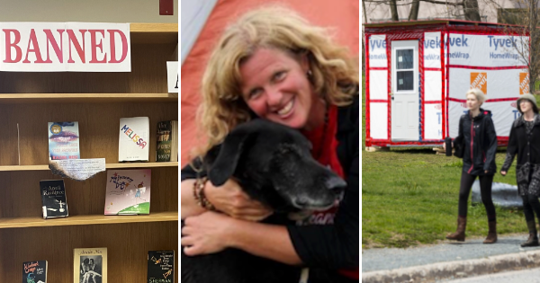 三张照片:一个书架上的禁书，一个金发女人和她的黑狗，以及一个紧急无家可归者收容所