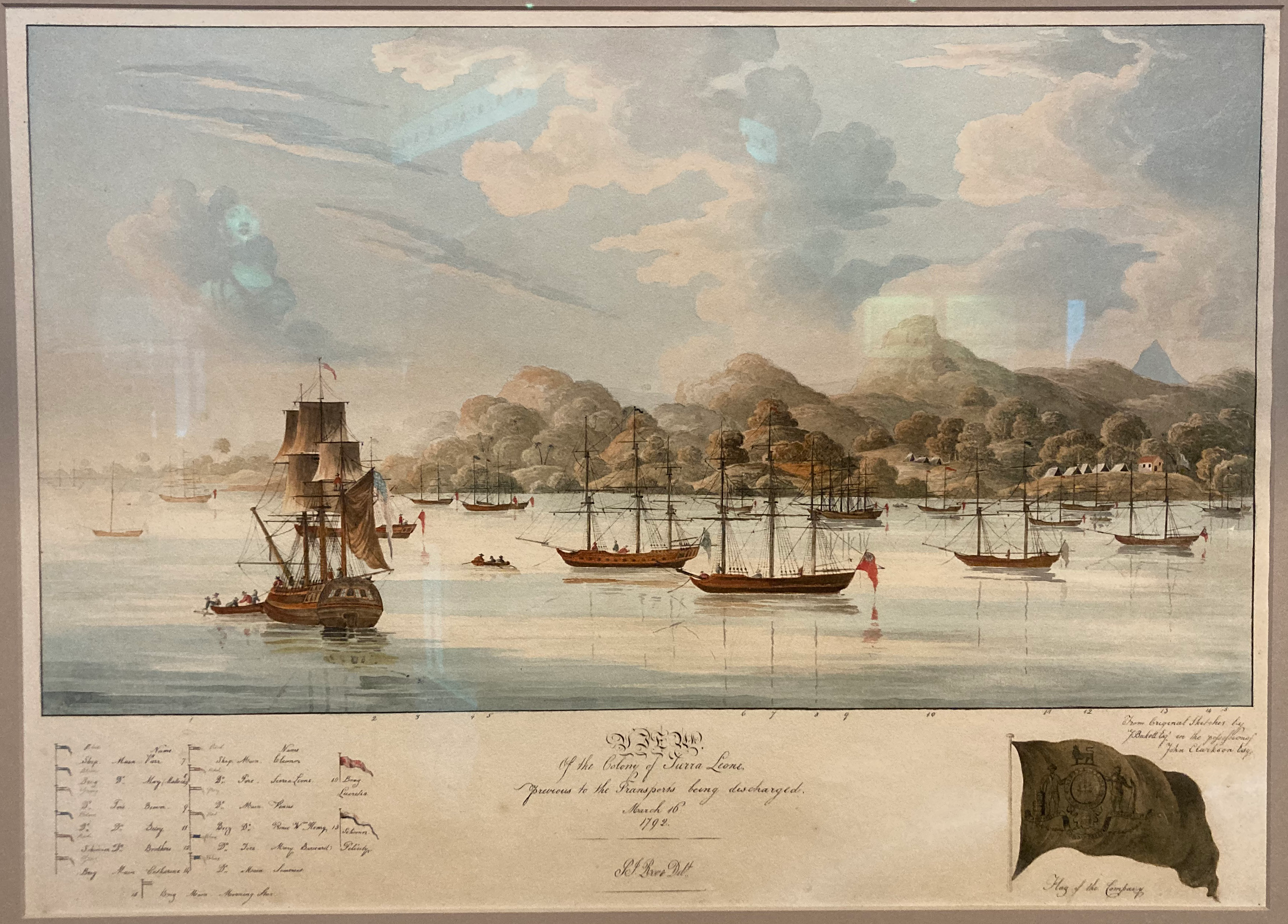 这幅画是黑人保皇主义者和塞拉利昂经历的标志性形象，是历史上一个关键时刻的罕见、准确的目击者视角——从北美奴隶制中解放出来的黑人，由一支来自新斯科舍省的船队返回非洲。这幅水彩画是已知的唯一一幅展示船只抵达的画作，标志着弗里敦城和塞拉利昂国家的建立。这次航行由黑人保皇党领袖托马斯·彼得斯发起，由废奴主义者和海军军官约翰·克拉克森领导，是反对奴隶贸易运动中的一件大事:第一次将曾经被奴役的人大规模送回非洲。这是英国日益壮大的废奴运动的一个重要项目，与新斯科舍省的黑人保皇党领导人合作。尽管第一艘船在1792年3月7日抵达，但接下来的十天里，人们都在卸载乘客和物资。在画这幅画的那天，最后一批补给品已经上岸，乘客也下了船。第二天克拉克森释放了船只，允许他们返回新斯科舍省。图片来源:大西洋海事博物馆/ George James Rowe(活跃于1830-62年，约1883年)在约翰·贝克特(John Beckett)的素描《1792年3月16日，运输船只卸货前塞拉利昂殖民地的景象》之后，大约1824年。水彩画在纸上。
