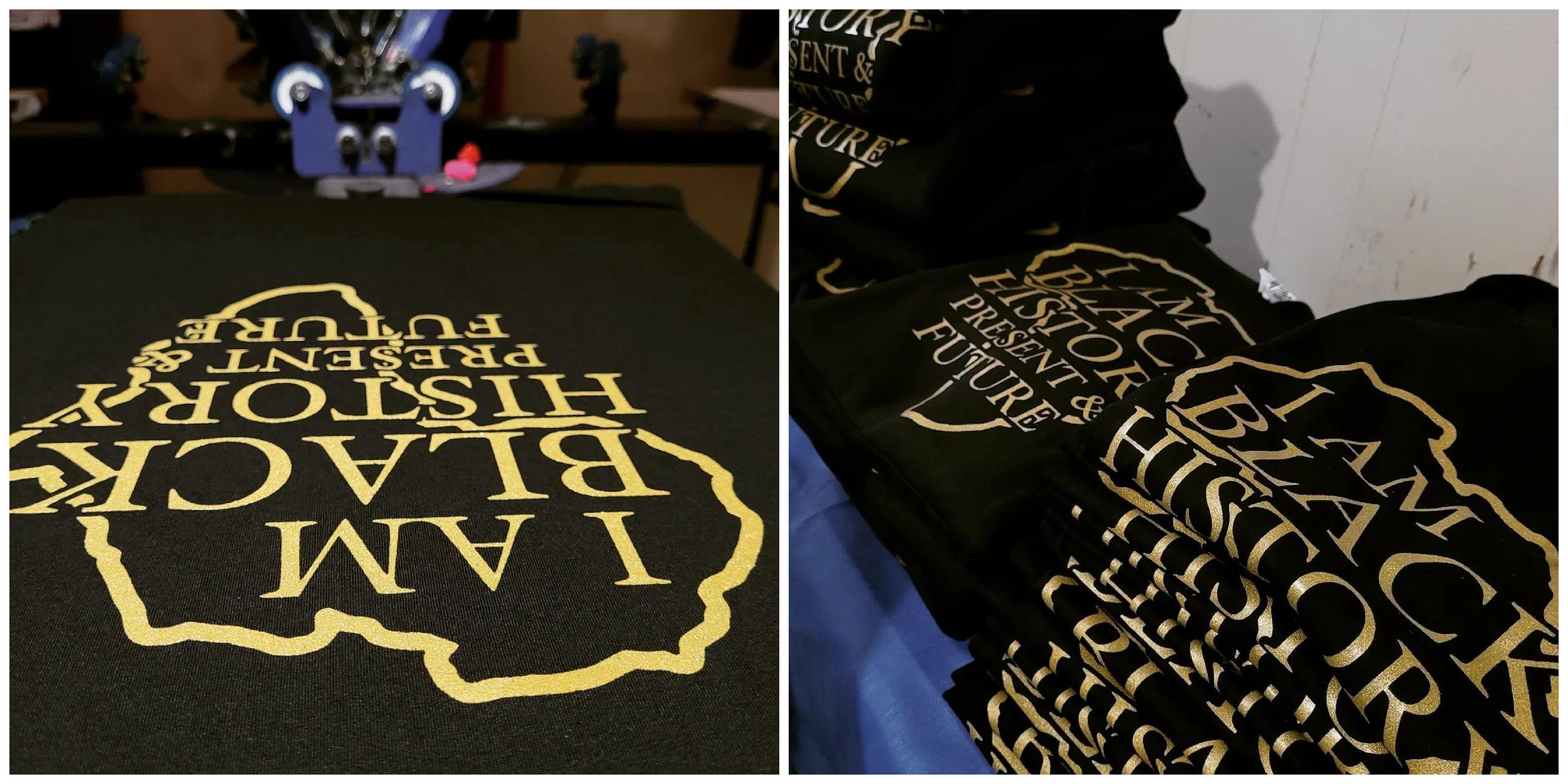 两张“我是黑人的历史、现在和未来”t恤的特写照片