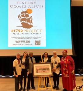 卡罗尔·米莱特，梅根·尼夫斯，牧师乔伊斯·罗斯博士，凯伦·哈德森，凯瑟琳·温克勒，林恩·琼斯在“历史变得鲜活:15艘船到塞拉利昂#1792”，2022年3月11日在哈利法克斯中央图书馆