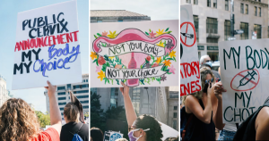 三张照片:两张照片是在支持堕胎的集会上抗议的妇女，一张是在反对疫苗的集会上抗议的人。