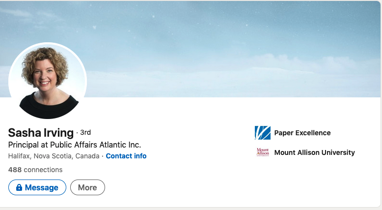这张萨沙·欧文的LinkedIn页面截图显示了她在左上角的一个小简介，并显示了她与Paper Excellence的新关系。