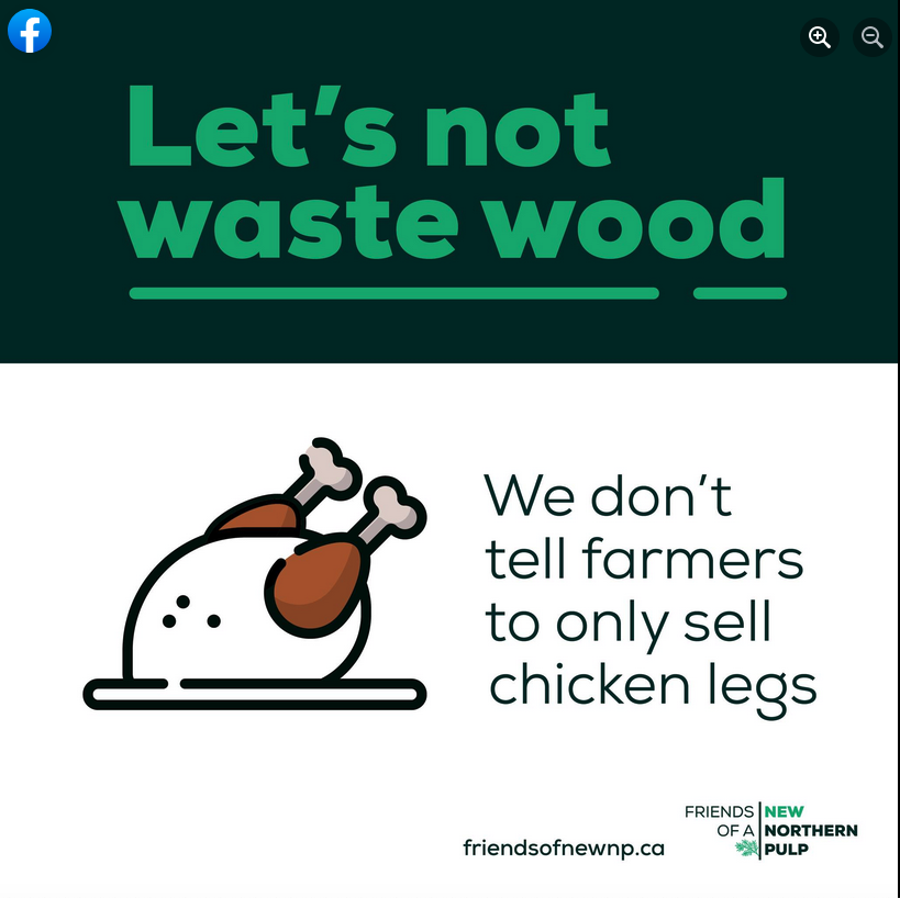 “新北方纸浆之友”的广告旨在让新斯科舍省人相信，没有纸浆厂新斯科舍省就是在浪费木材，广告中展示了一只没有翅膀的熟鸡，在“让我们不要浪费木材”和“我们不会告诉农民只卖鸡蛋”的字样下。