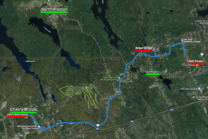 谷歌切里布鲁克、北普雷斯顿和东普雷斯顿的地图图像(绿色突出显示)。据报道，周五在东普雷斯顿的布莱恩街和回声湖的贝尔街(都用红色标出)发生了枪击事件。一名嫌疑人在Cherrybrook的Cherrybrook路(红色部分)被捕。