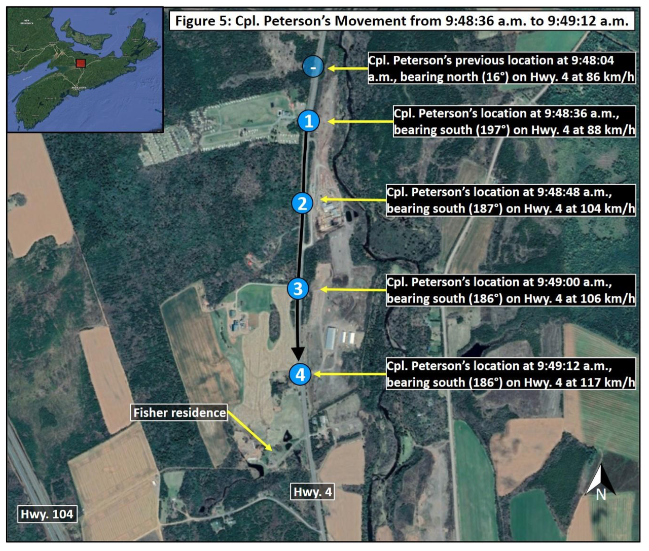 一张显示彼得森下士在高速公路上行进路线的摄影地图