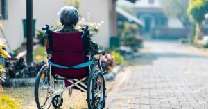 一名坐在轮椅上的妇女背对着镜头，眺望着沐浴在阳光和树木中的社区。