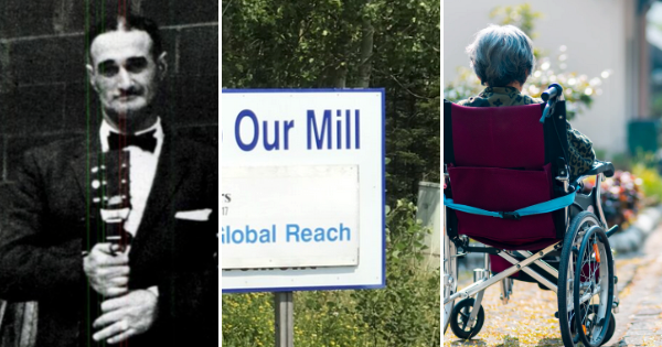 三张照片：一个拿着吉他的一个被举的黑衣服和bowtie的黑人。标志，其中一部分读“我们的磨坊”。轮椅的一名年长妇女，用她回到我们，休息在一个晴朗的地方。