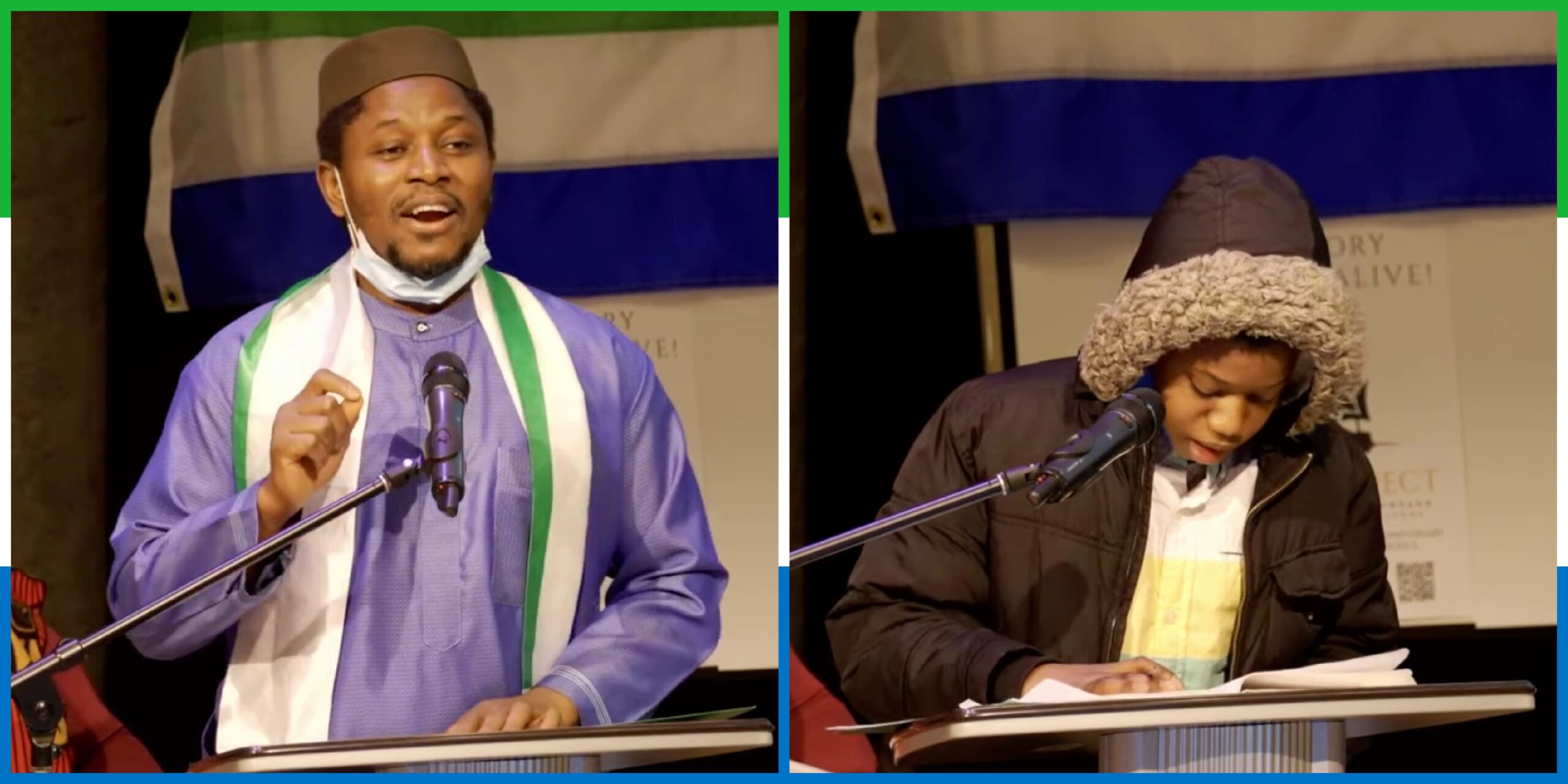 左图:身穿紫色衬衫、白绿围巾的黑人男子在讲台上讲话;右图:身穿黑色冬季夹克的黑人小男孩低头在讲台上读一封信