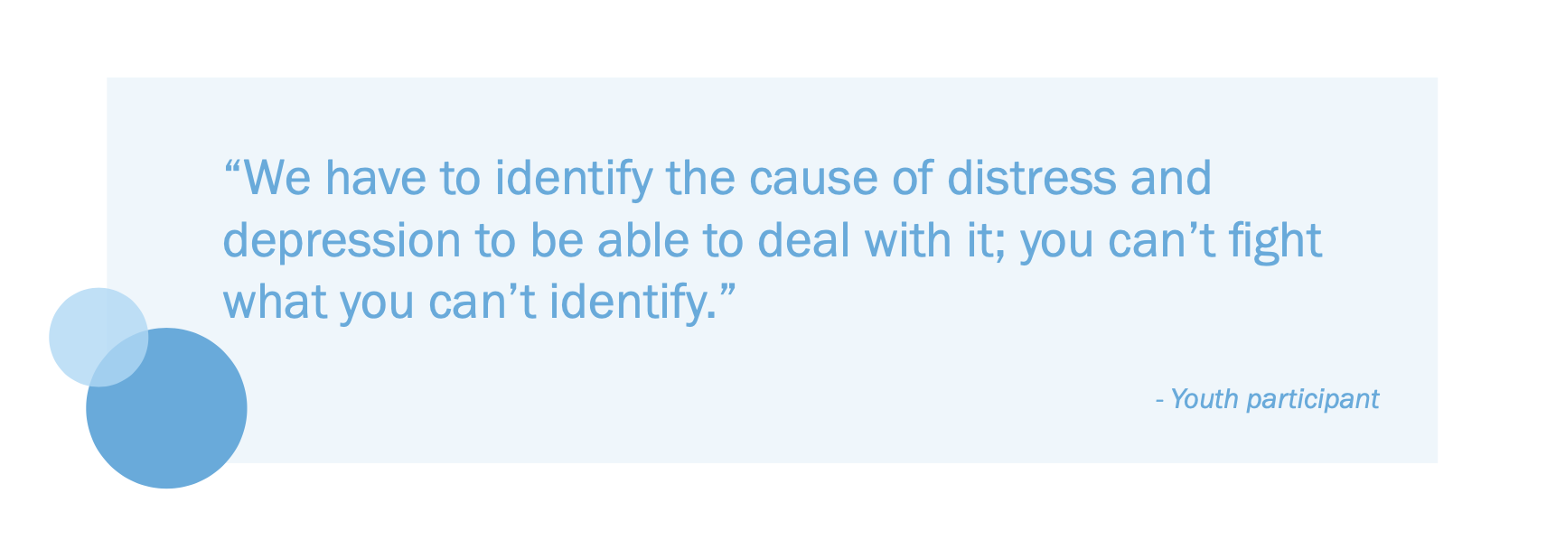 一个蓝色的文本框，上面写着一名青年参与者的文字，说你必须识别痛苦和抑郁的原因，以应对它，因为你无法与你无法识别的东西斗争。