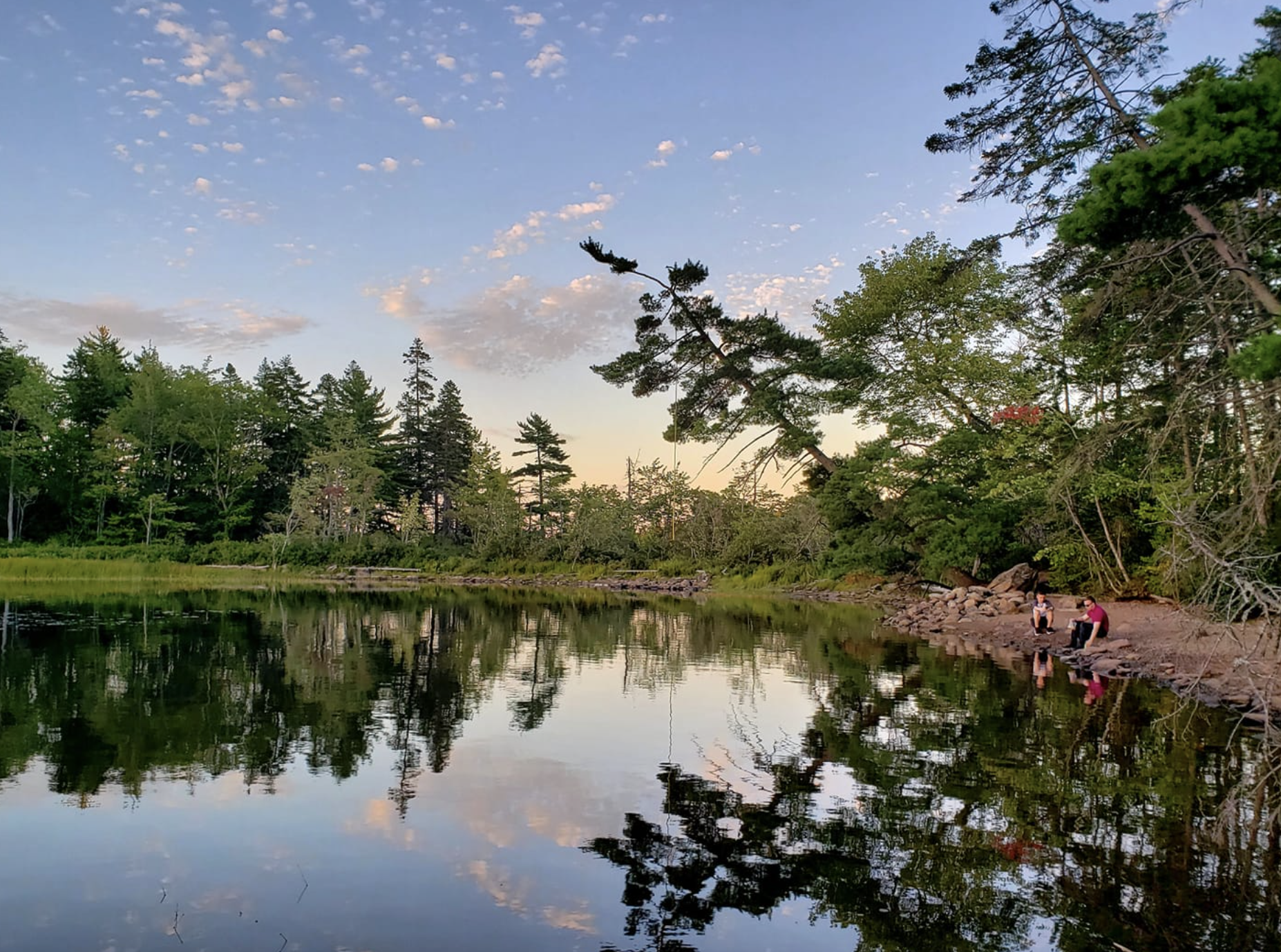 森林里的一个湖是镜子，在日落时周围的树木，距离的两个人坐在岸边。
