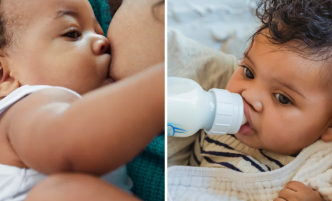 两个有色婴儿，一个用母乳喂养，一个用奶瓶喂养。