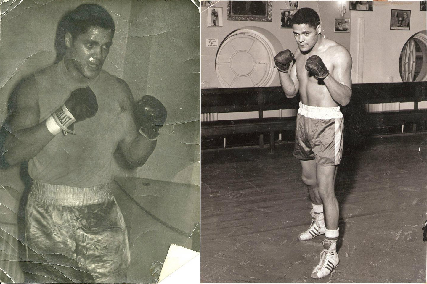 两张黑白照片，一个年轻的黑人男子摆出拳击姿势，戴着拳击手套