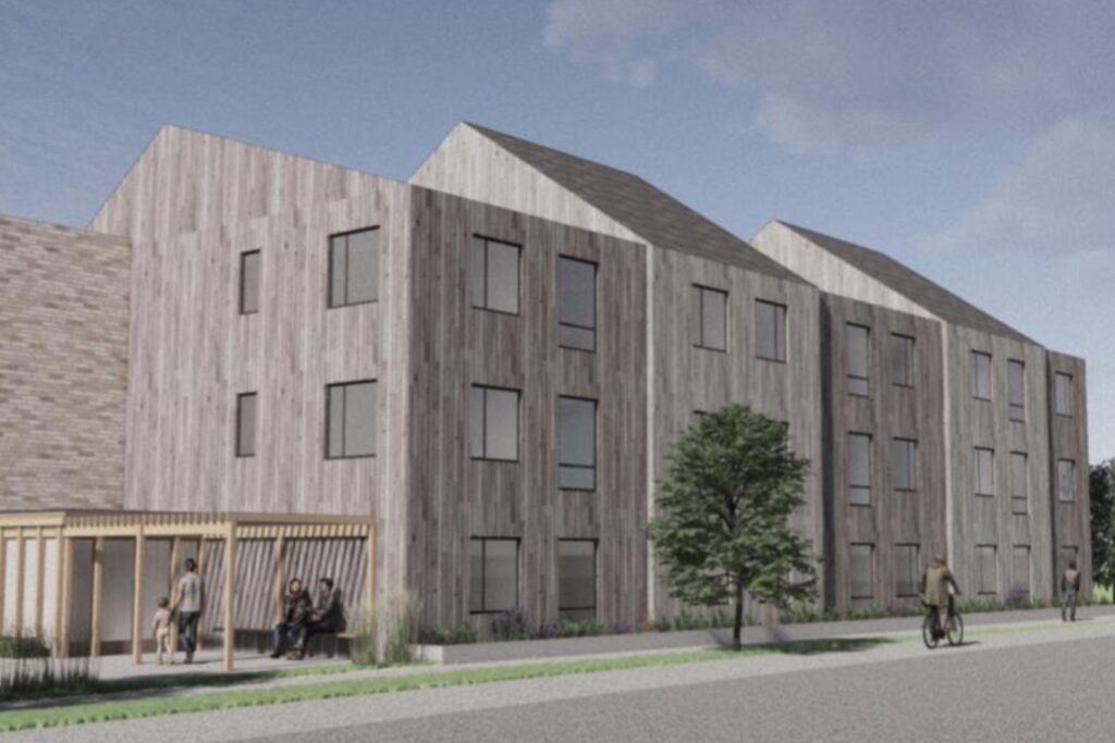 An architectural rendering shows a modern apartment building on a sunny day.