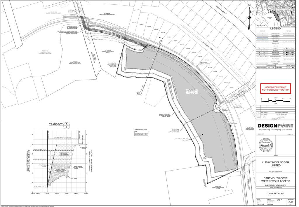 A site plan shows property lines and a grey shaded area where a property owner wants to infill the harbour.