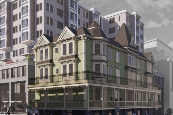 一幅建筑效果图显示，在一栋维多利亚式的老公寓大楼后面，矗立着一座现代建筑。