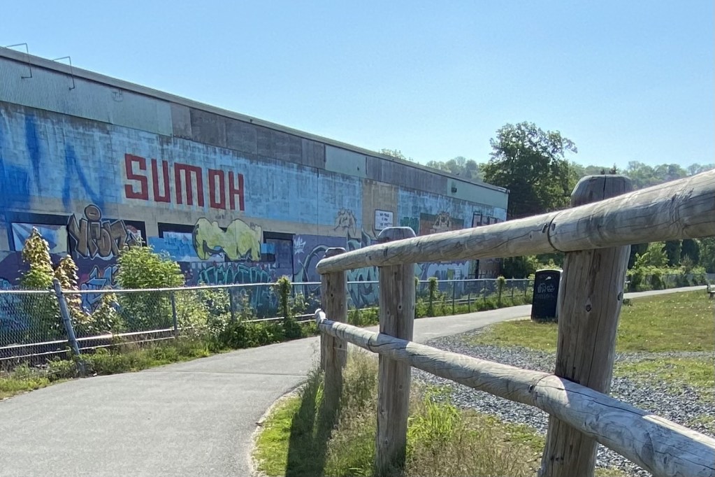 在一个阳光明媚的日子里，可以看到一条铺着沥青的小路。在右边，有一个木头栅栏。左边是一座满是涂鸦的建筑。