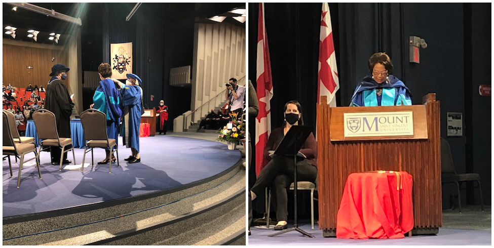 左图:身穿蓝色毕业礼服的黑人女子获得荣誉学位，右图:身穿蓝色毕业礼服的黑人女子在讲台上发表演讲