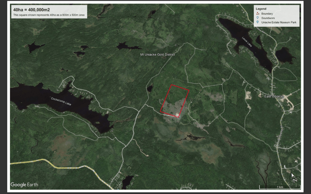 A Google view map of an area over Mount Uniacke with a red outline showing the proposed size of a quarry expansion. Inside that red box is a smaller white box showing the size of the current quarry.