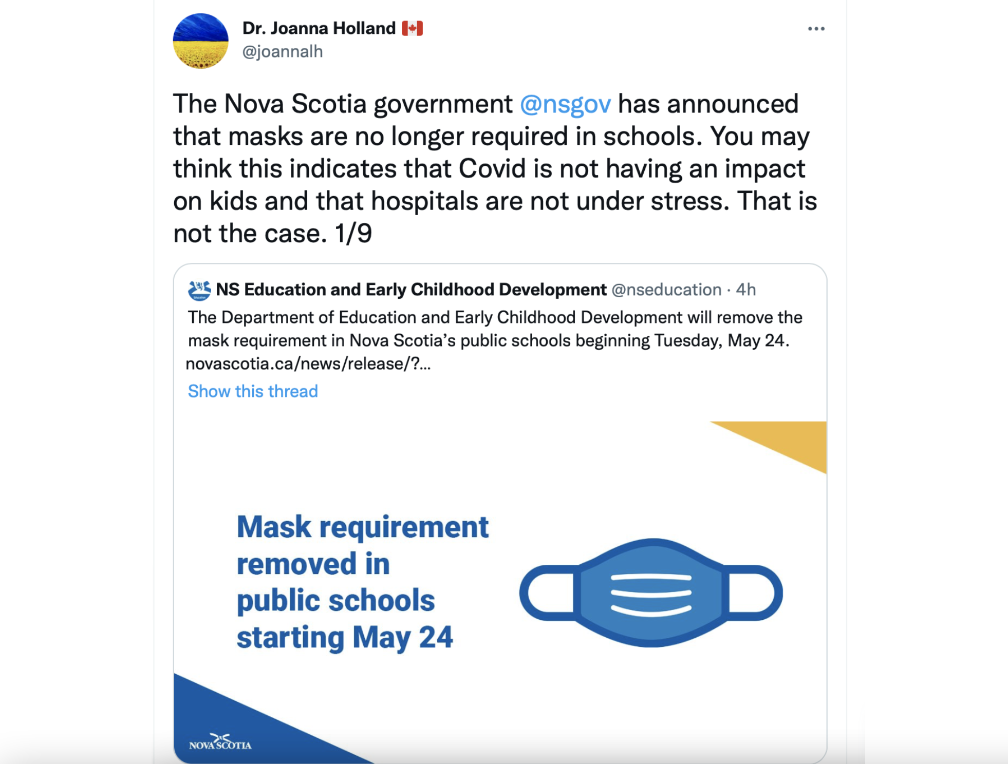 乔安娜·霍兰德（Joanna Holland）博士的一条推文，涉及在学校中删除面具授权及其担忧
