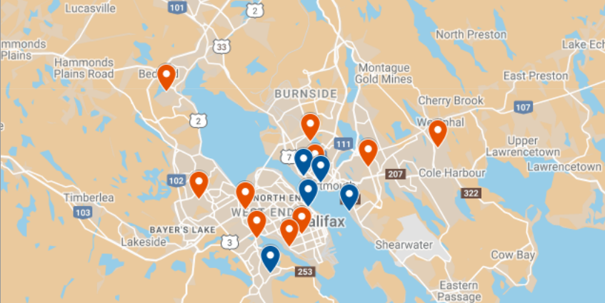 哈利法克斯及其周边地区的地图，显示蓝色和橙色的大头针落在不同的位置。