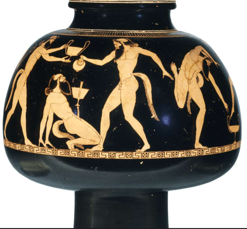 古希腊一种画有几个裸体男人的罐子。其中一个向后靠，双手和膝盖着地。一个杯子放在他勃起的阴茎上。