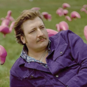 一名穿着紫色牛仔夹克、留着小胡子的年轻男子躺在绿色的草地上，周围是粉红色的塑料火烈鸟