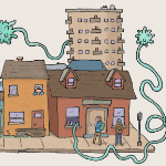 一个城市街区的卡通插图，巨大的covid病毒四处漂浮