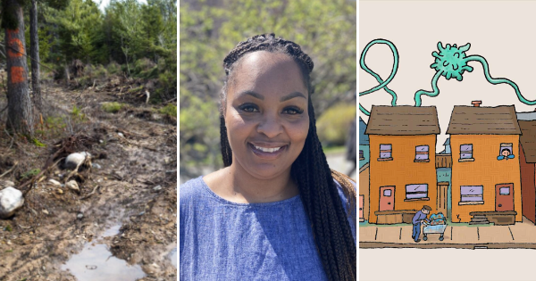 三张照片:一条穿过树林的泥泞道路，一位微笑的年轻黑人妇女，以及一幅covid病毒在一个城市街区上空盘旋的插图。