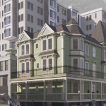 a rendering of an older Victorian building with new modern buildings beside and behind it
