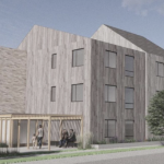 现代公寓建筑的效果图，没有阳台、倾斜的屋顶和米色的墙板。