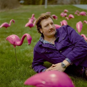 一个穿着紫色衬衫、留着小胡子的年轻人躺在绿色的草地上，周围是粉红色的塑料火烈鸟